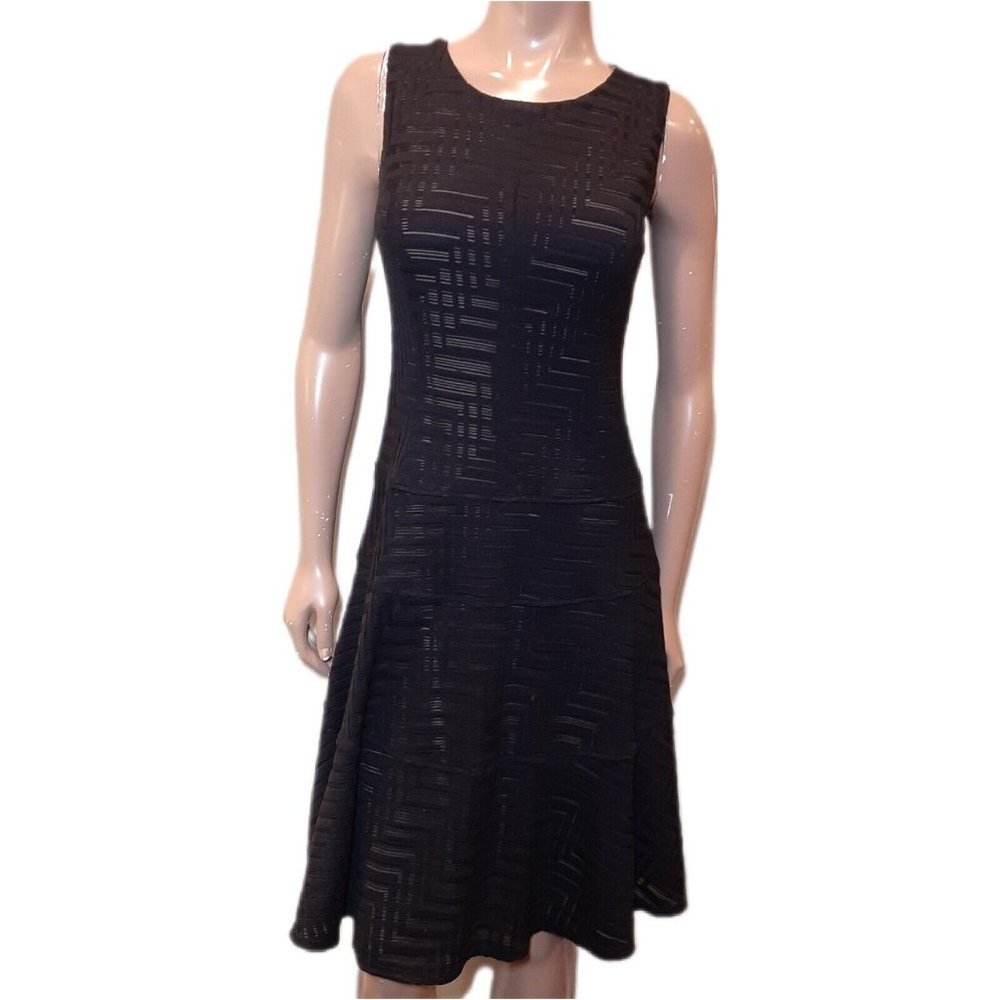 Anne Klein Sleeveless Dress Womens Size 4 Black Fit Flare Illusion Lace LBD